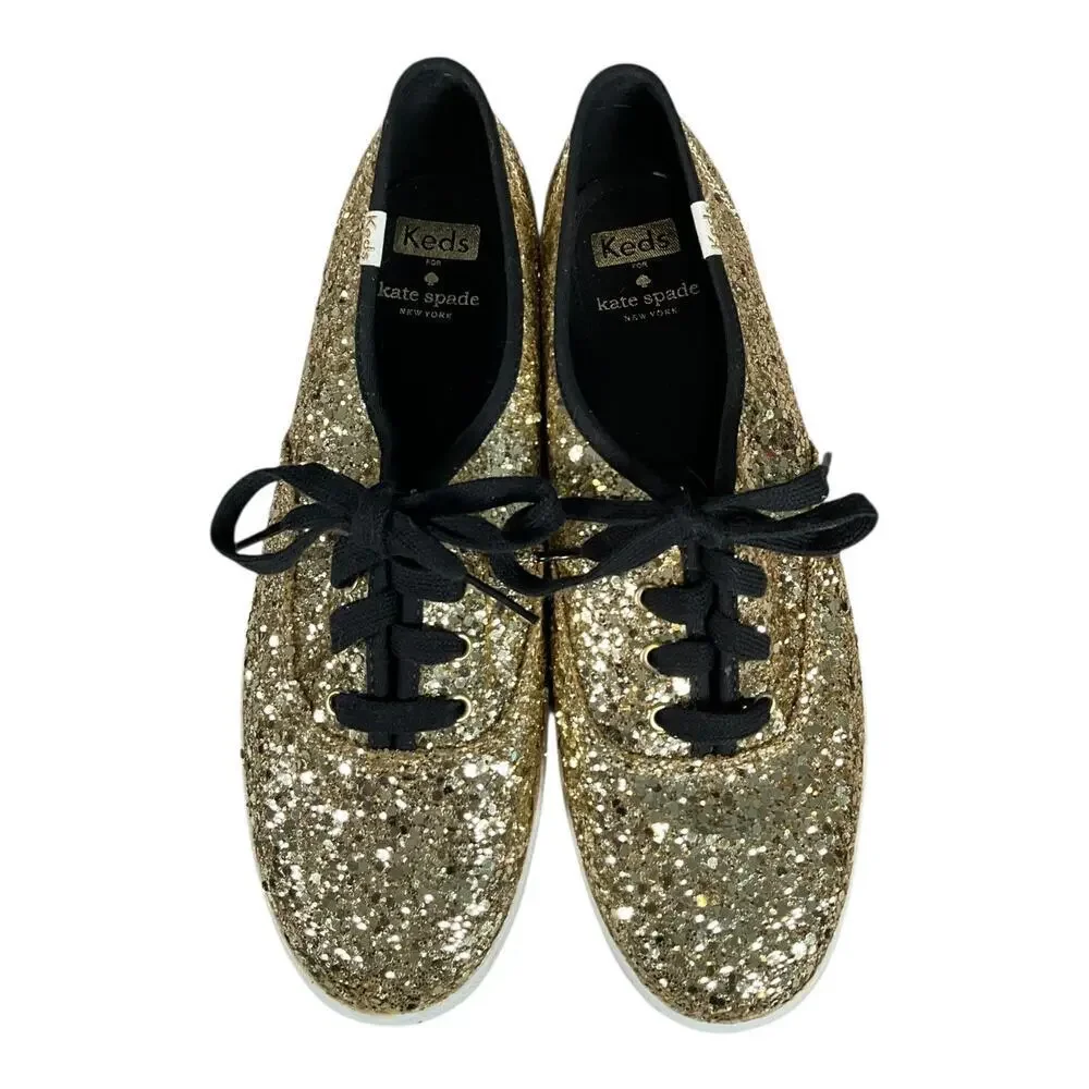 Kate Spade New York Keds Gold Glitter Sneakers Size 8 NWOT Champion LaceUp Shoes